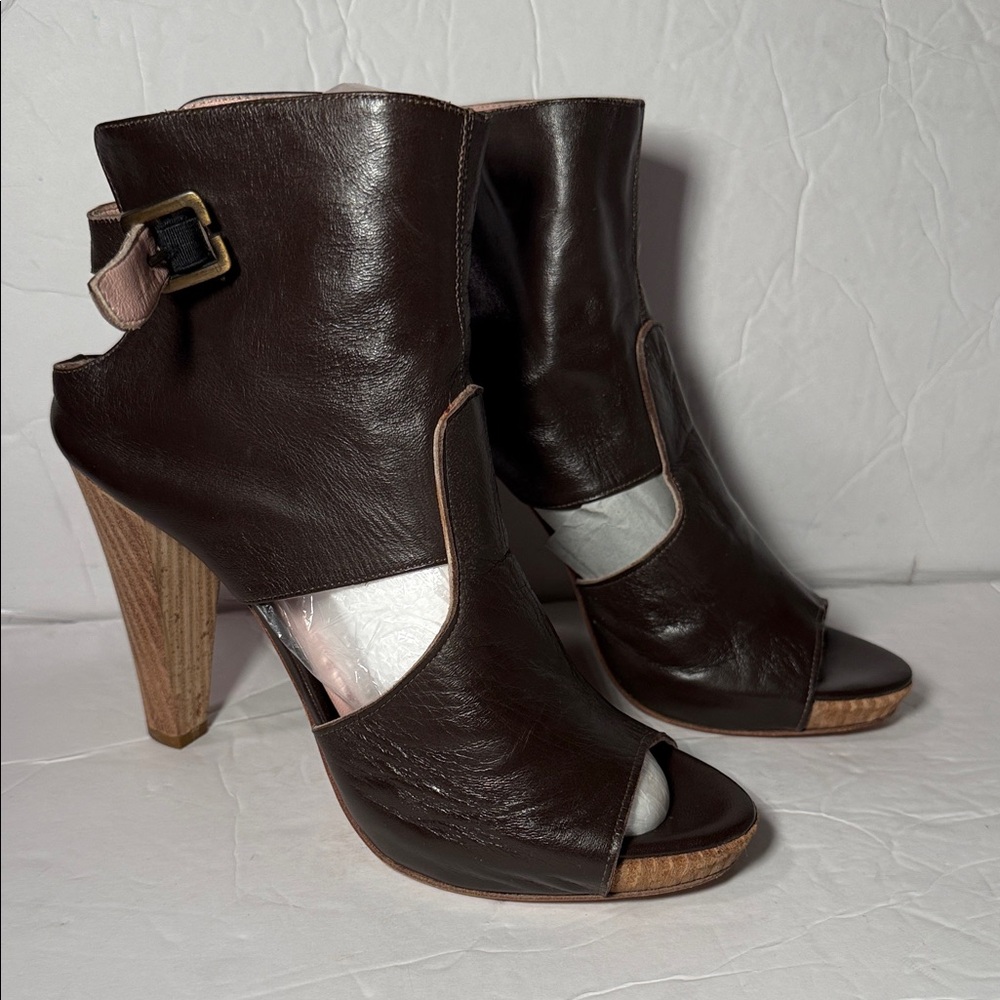 Campo de Fiori Women’s Dark Brown Leather Open-Toe High Heel Booties size 38